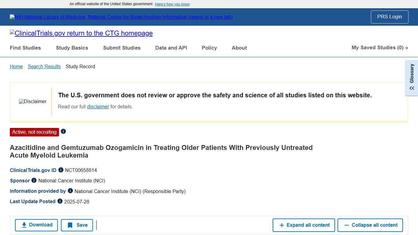 Study Details NCT00658814 Azacitidine and Gemtuzumab Ozogamicin in Treating Older Patients With Previously Untreated Acute Myeloid Leukemia ClinicalTrials.gov